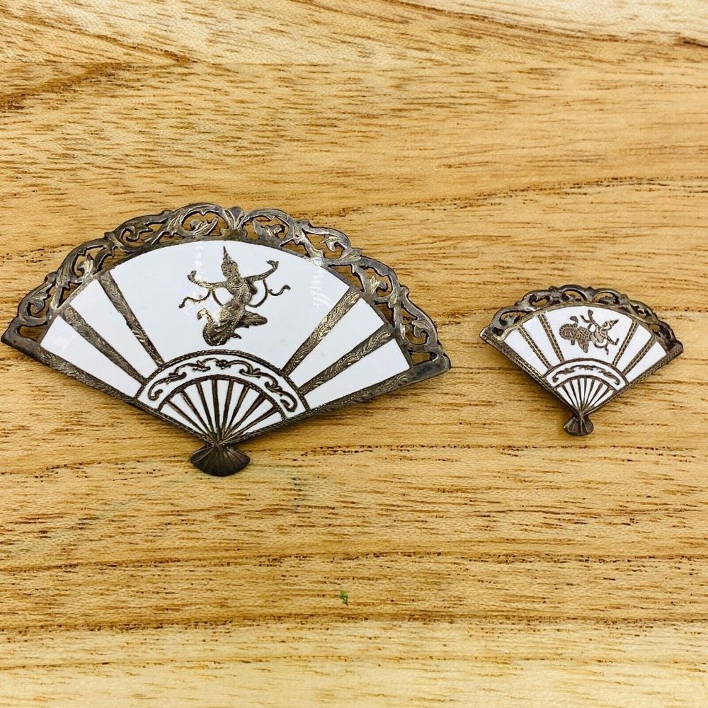Vintage Sterling & Enamel Made in Siam Fan Shaped Pin & Clip Earring (Single)